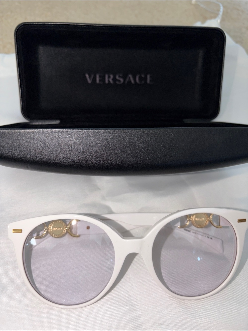 Versace White Round Sunglasses with Gold Medallion Accents